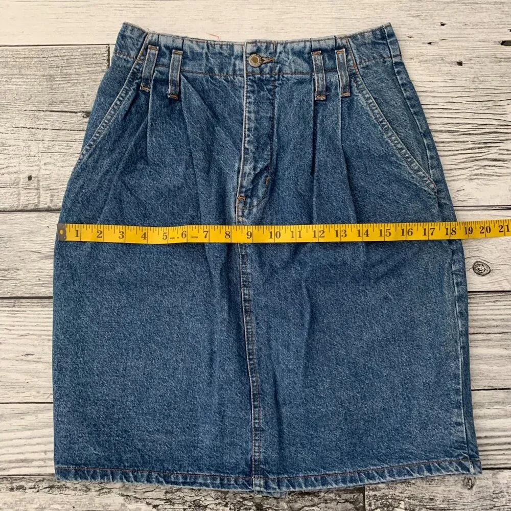 Vintage 80s 90s Hollywood Stonewash Denim Pleated Jean Pencil Skirt - Picture 10 of 12